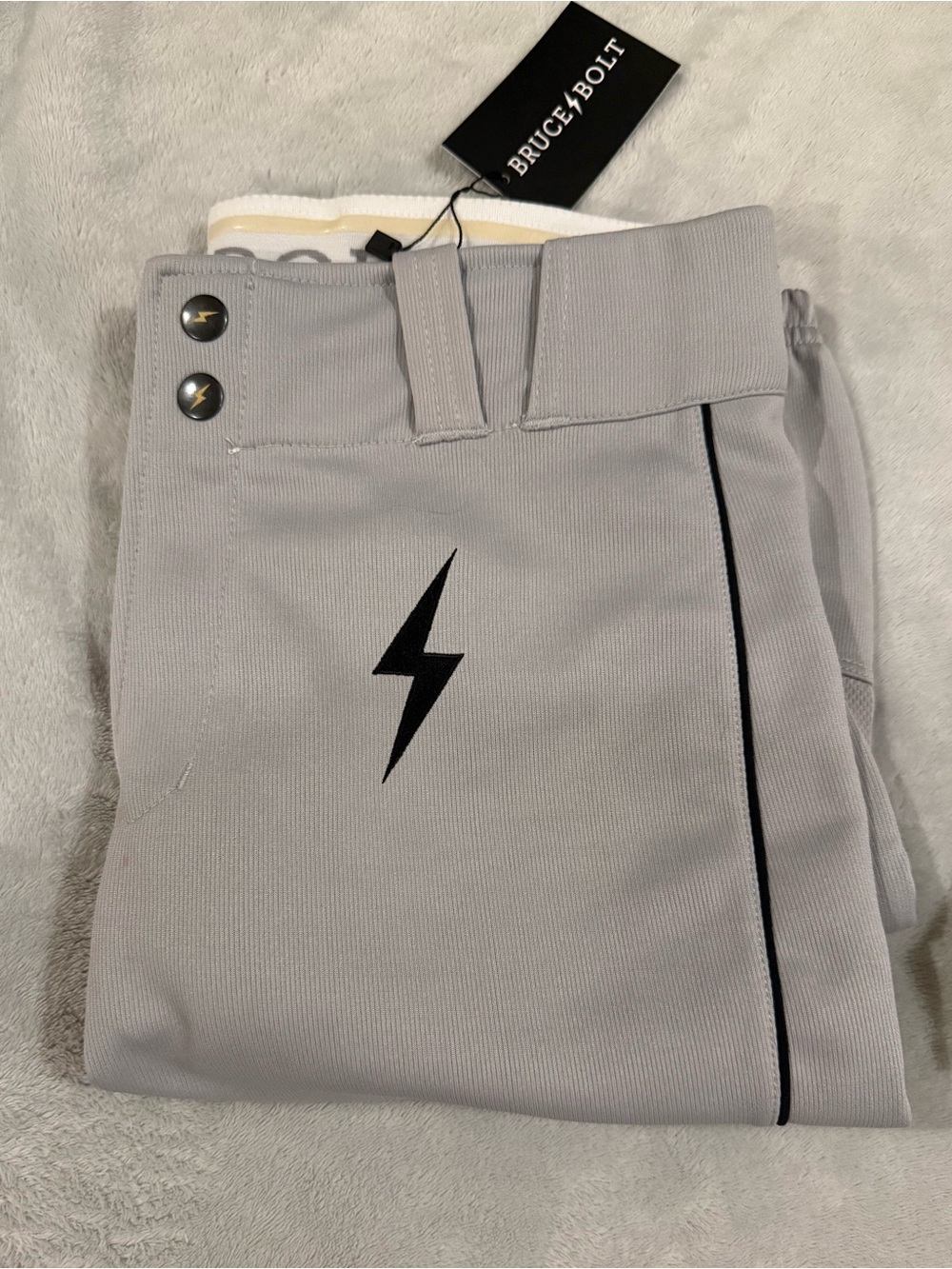 Bruce Bolt youth XL Light Gray Baseball Pants with Black Lightning Detail